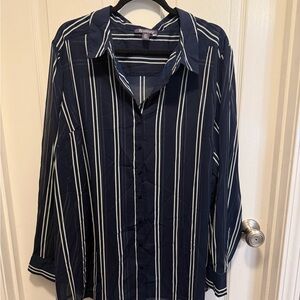 Roaman's Navy & White Vertical Stripe Button-Down Shirt